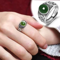 Men's Imitation Hetian Jade Silver-plated Retro-style Green Ring - Silver Green Ring - View 1