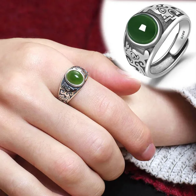 Men's Imitation Hetian Jade Silver plated Retro style Green Ring Silver Green Ring - Shop at LoveMi
