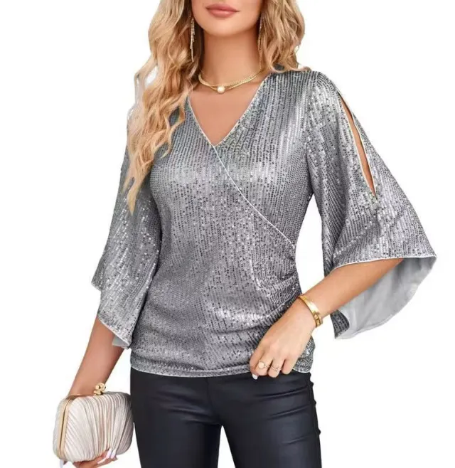 Loose Mid length Sequined T shirt Women's Short Sleeve Gray - Shop at LoveMi