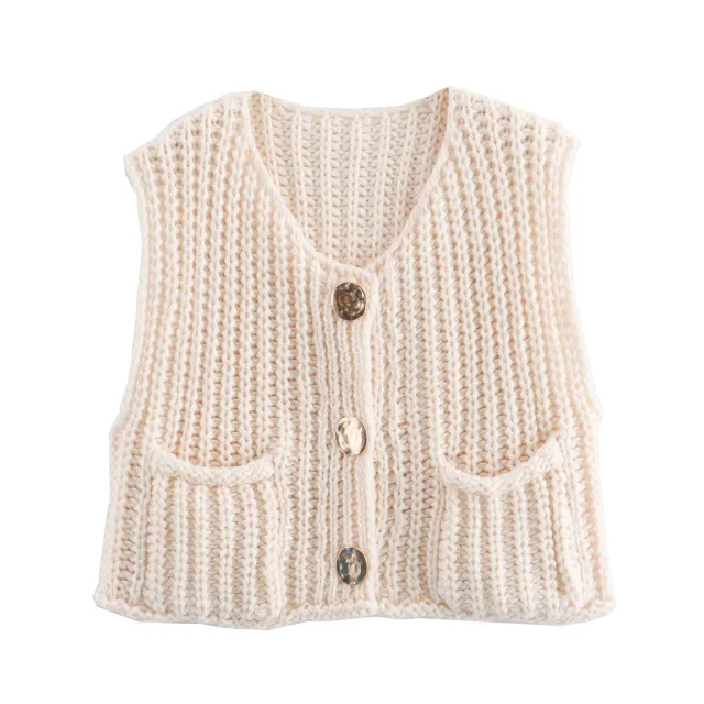 Women's Pocket Sleeveless Short Knitted Cardigan Vest Shirt Milky White - Shop at LoveMi