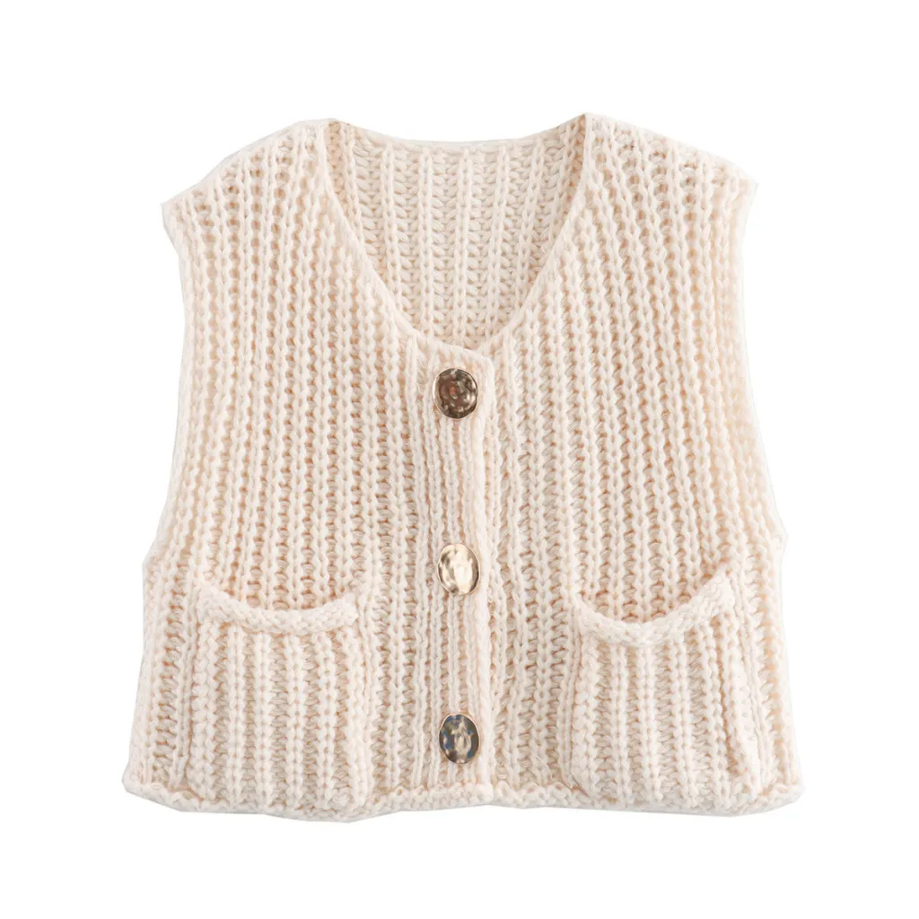 Women's Pocket Sleeveless Short Knitted Cardigan Vest Shirt - Milky White