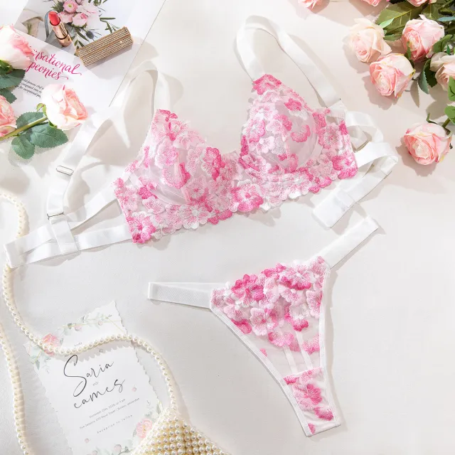 Blue Embroidered Bra Low cut Sexy Lingerie With Steel Ring Pink - Shop at LoveMi