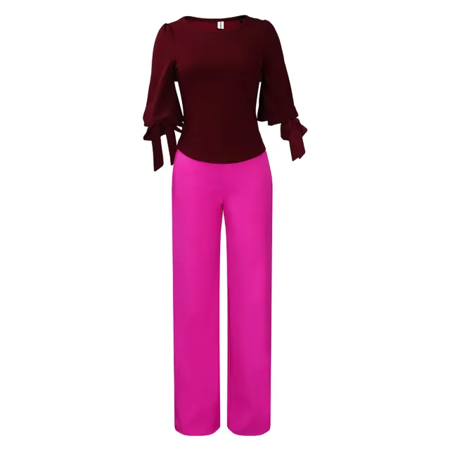 New Casual Set Loose Large Size Tie up Top High Waist Wide Leg Pants Set Wine Red - Shop at LoveMi