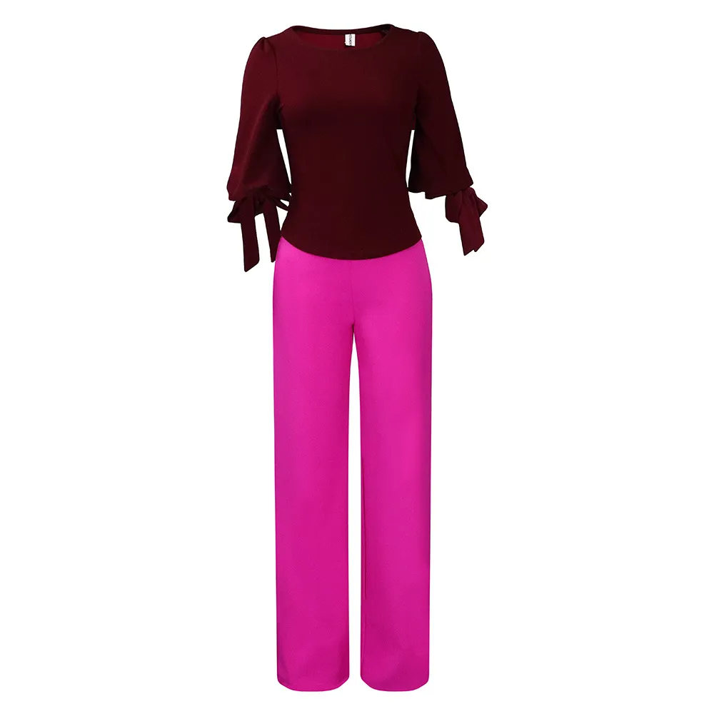 New Casual Set Loose Large Size Tie-up Top High Waist Wide Leg Pants Set - Wine Red