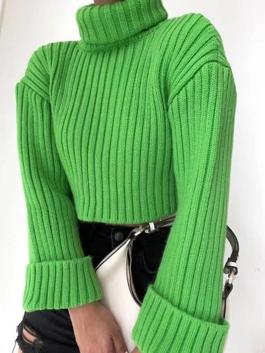 Turtleneck Sweaters Women's Clothing Striped Short Style Green - Shop at LoveMi
