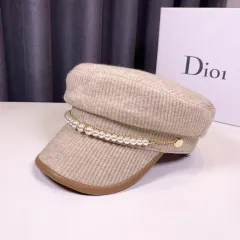 Autumn And Winter Pearl Chain Flat Top Navy Hat Women - Beige - View 1
