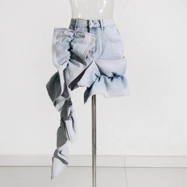 Patchwork Ruffled High Waist A Line Denim Skirt Women Blue - Shop at LoveMi