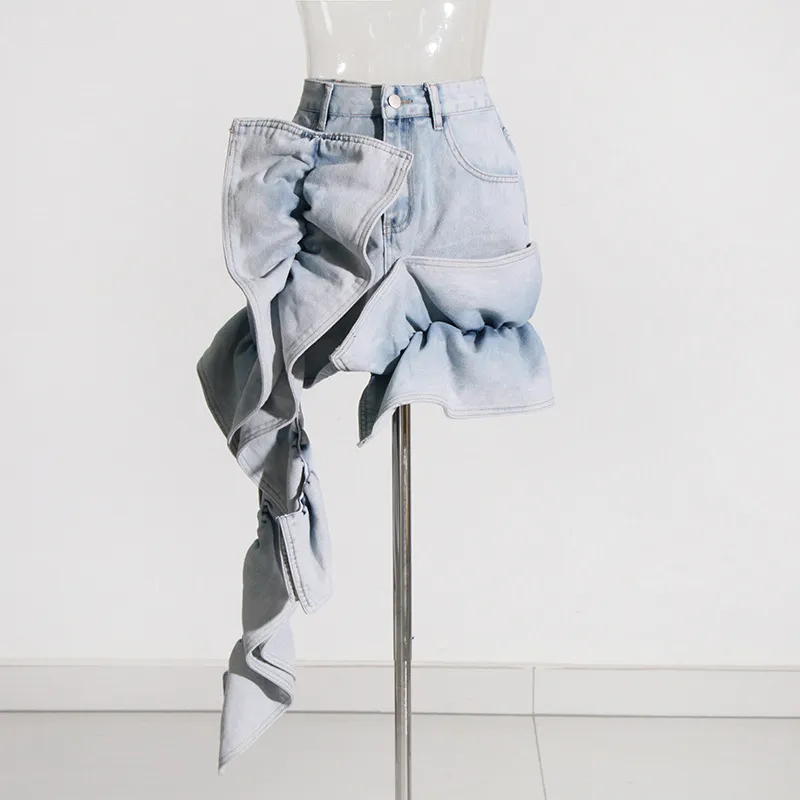Patchwork Ruffled High Waist A- Line Denim Skirt Women - Blue