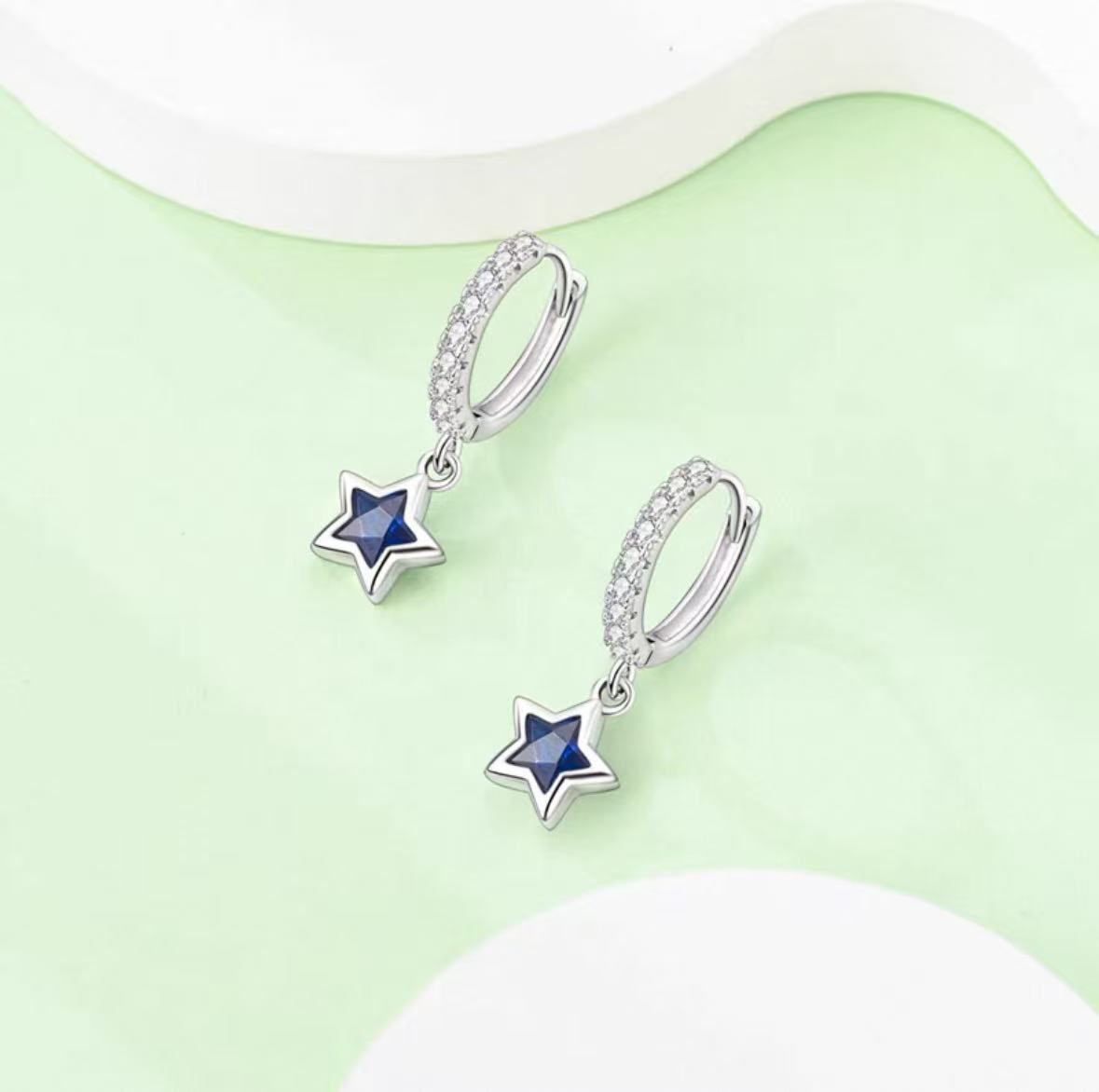 S925 Sterling Silver Blue Heart Pentagram For Women Fashionable Light Luxury Blue Zircon Earrings
