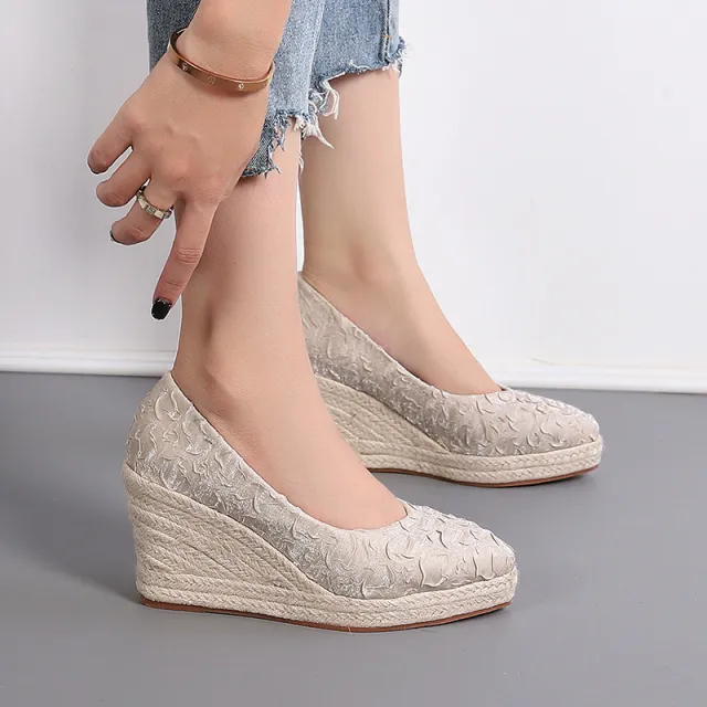 Women's Fashion Pointed toe Low cut High Heel Straw Woven Hemp Rope Bottom Shoes Apricot - Shop at LoveMi