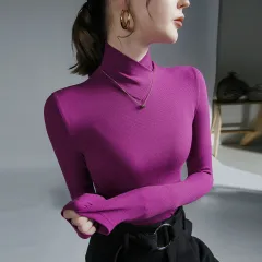 Cross Turtleneck Long Sleeve Slim Bottoming Shirt For Women - Purple - View 1