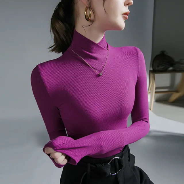 Cross Turtleneck Long Sleeve Slim Bottoming Shirt For Women Pitaya Purple - Shop at LoveMi
