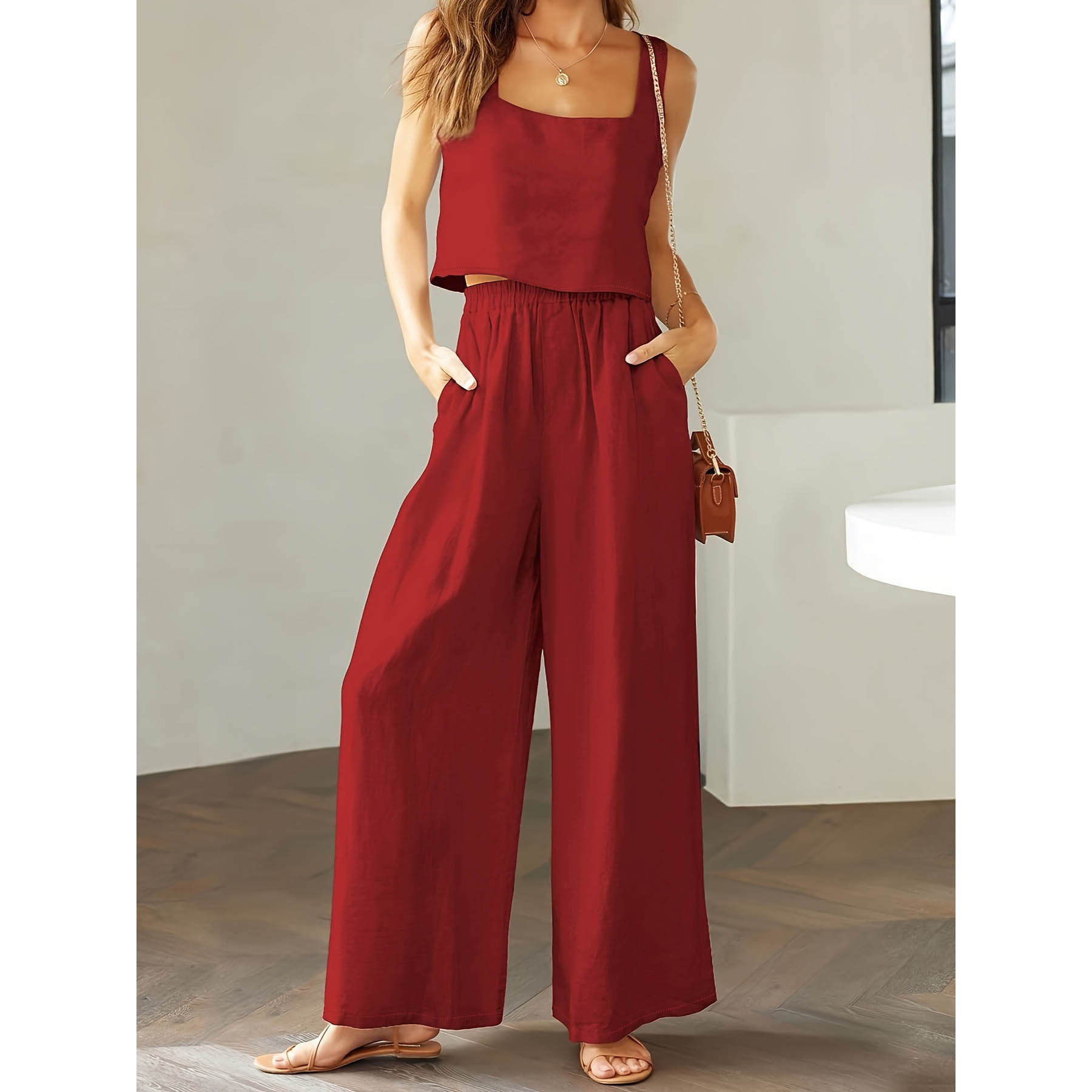 Square Collar Sleeveless Camisole Wide Leg Pants Leisure Suit - Image 8