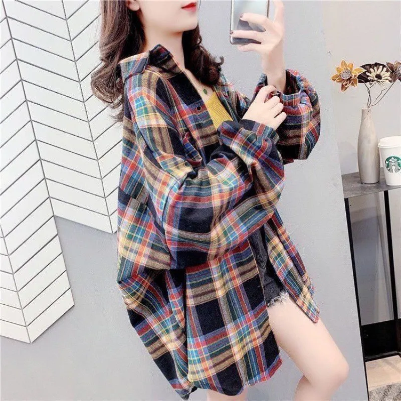 Loose-fitting Korean-style Plaid Shirt For Women - Yellow