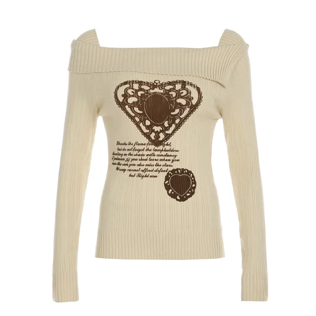 American Retro Off shoulder Heart Printing Sweater Skin Color S - Shop at LoveMi