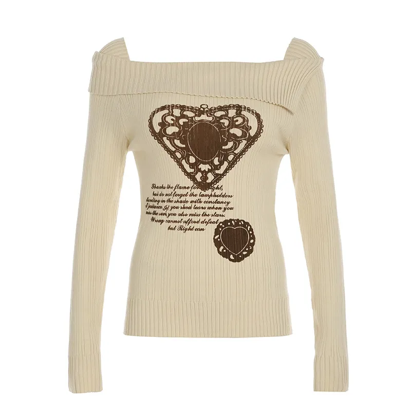 American Retro Off-shoulder Heart Printing Sweater - Skin Color-S