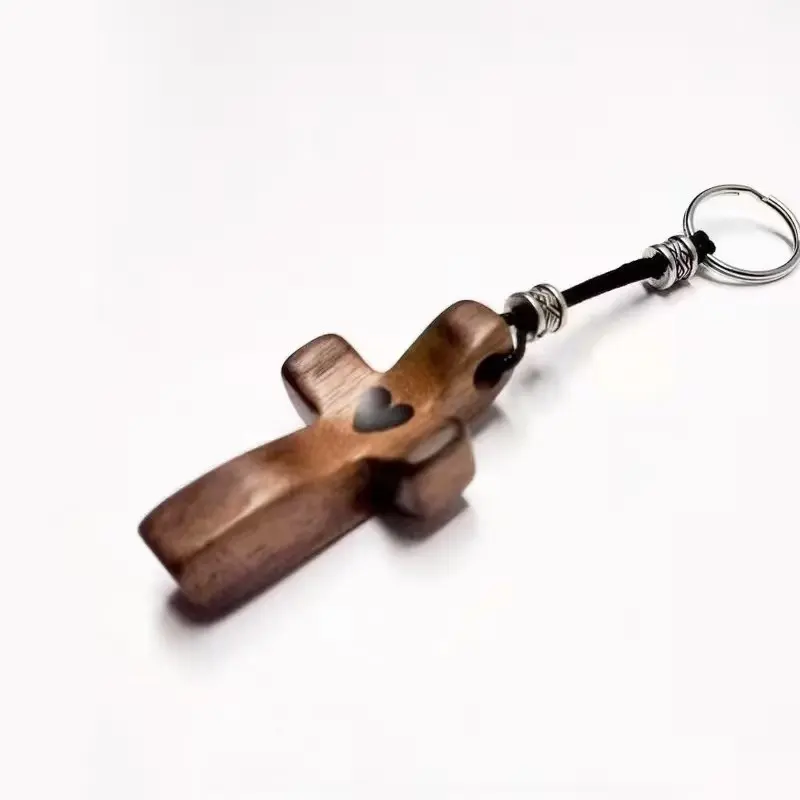 Black Walnut Wood Cross Keychain