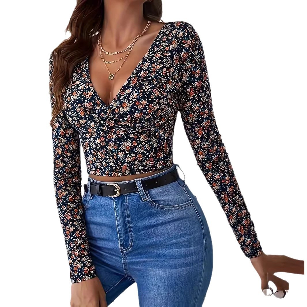 Women's Printed V-neck Top Long Sleeve