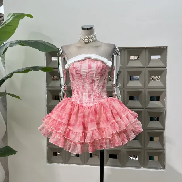 Fishbone Waist Tube Top Puffy Girl Dress Pink - Shop at LoveMi