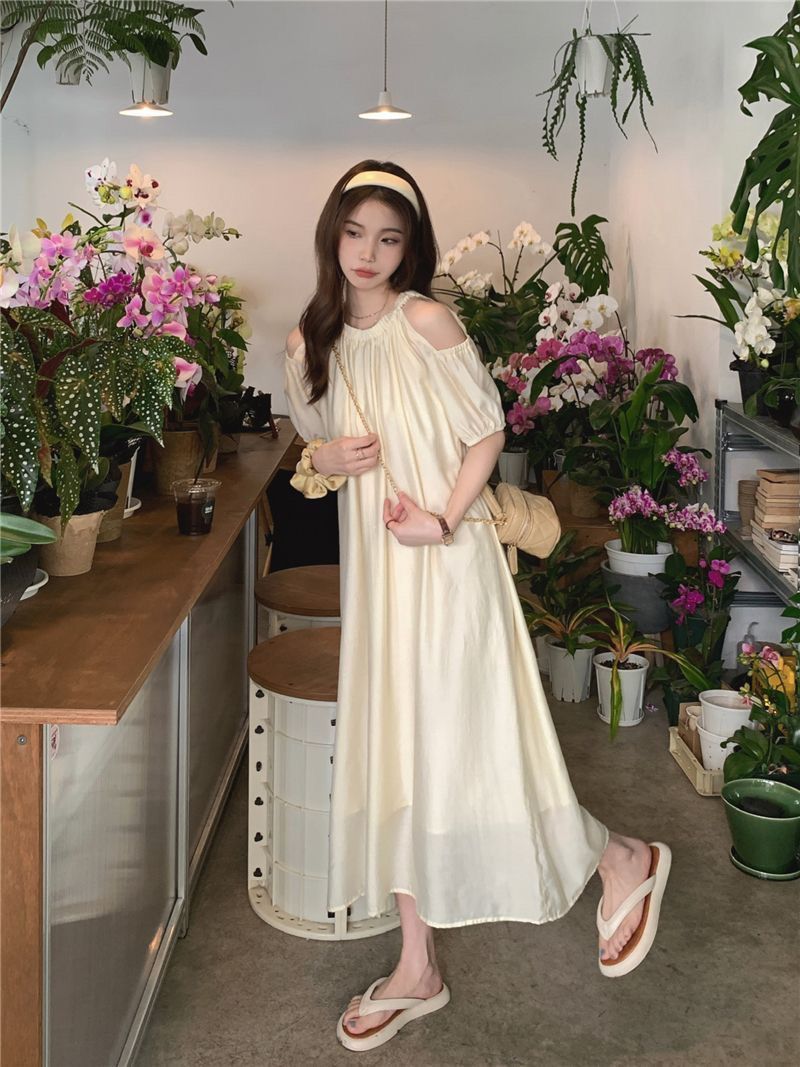 Autumn Loose Slimming Puff Sleeve Chiffon Dress Apricot Beige - Shop at LoveMi