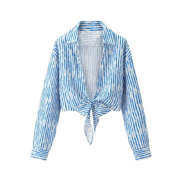 Women's Turn down Collar Striped Long Sleeve Shirt Sky Blue - Shop at LoveMi