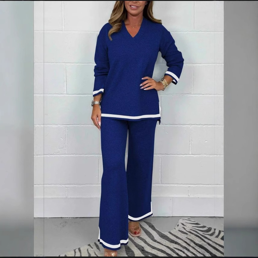 Autumn And Winter Temperament Leisure Solid Color Knitted Long Sleeve Trousers Suit Blue - Shop at LoveMi