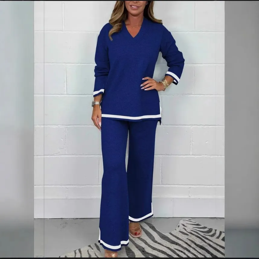 Autumn And Winter Temperament Leisure Solid Color Knitted Long Sleeve Trousers Suit - Blue
