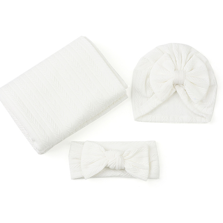 Newborn Polyester Cotton Solid Color Wheat Pattern Wrap Blanket Three-piece Suit