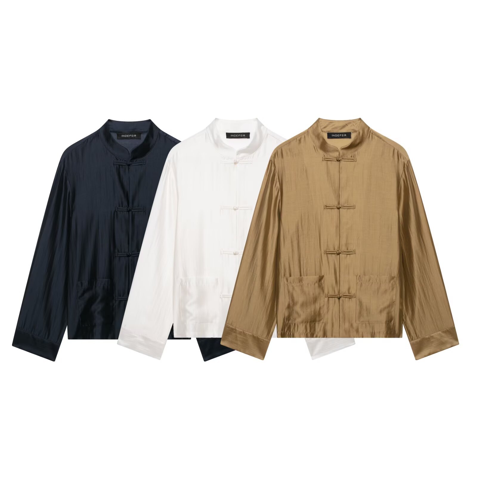 Womens Mandarin-collar Long-sleeve Satin Shirt With A Bow-tie Button