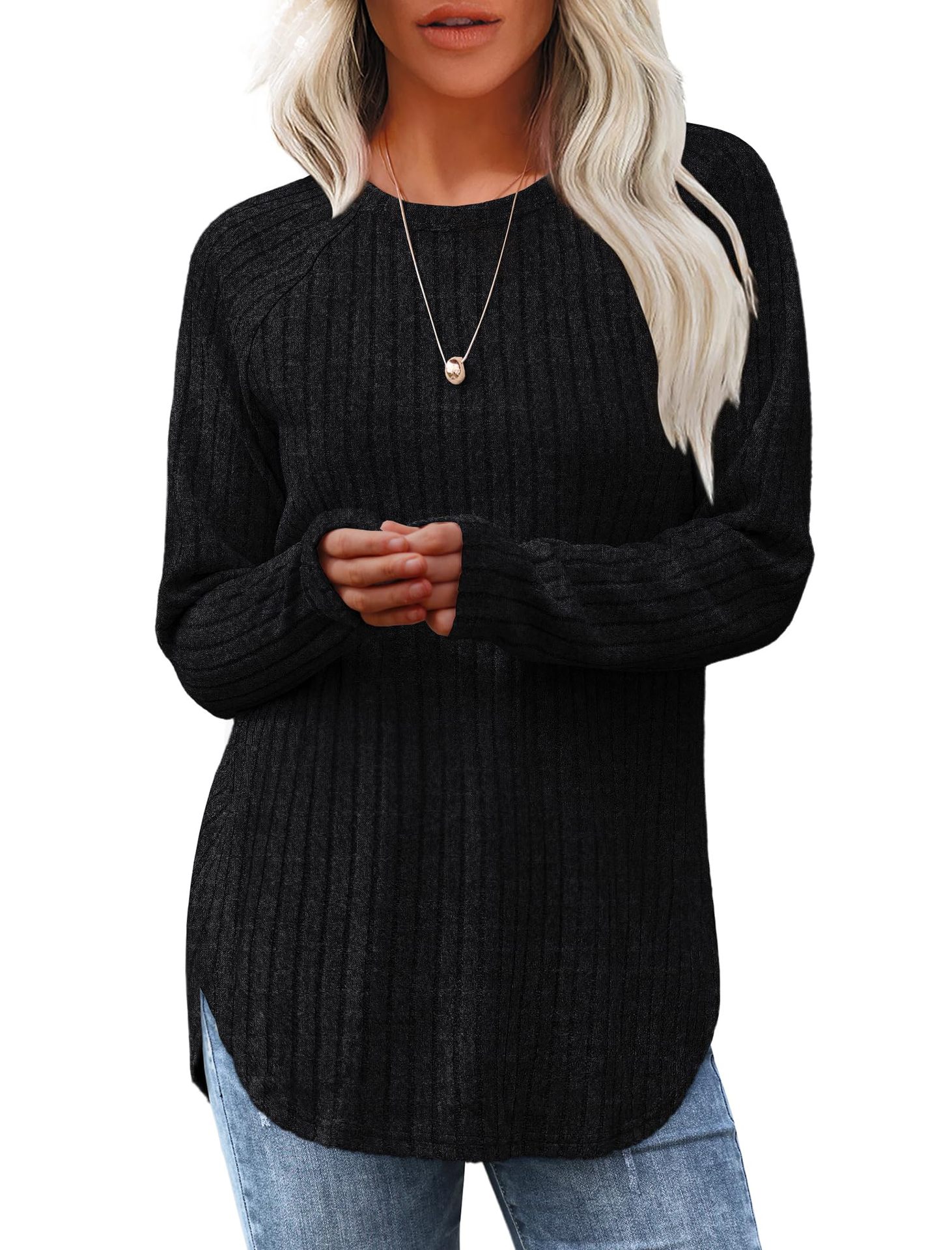 Women&#39;s Loose Round Neck High-Low Curved Hem Tops