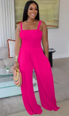 Women's Clothing Solid Colour Casual Strap Tube Top Wide Leg Jumpsuit - Rose Red - View 1