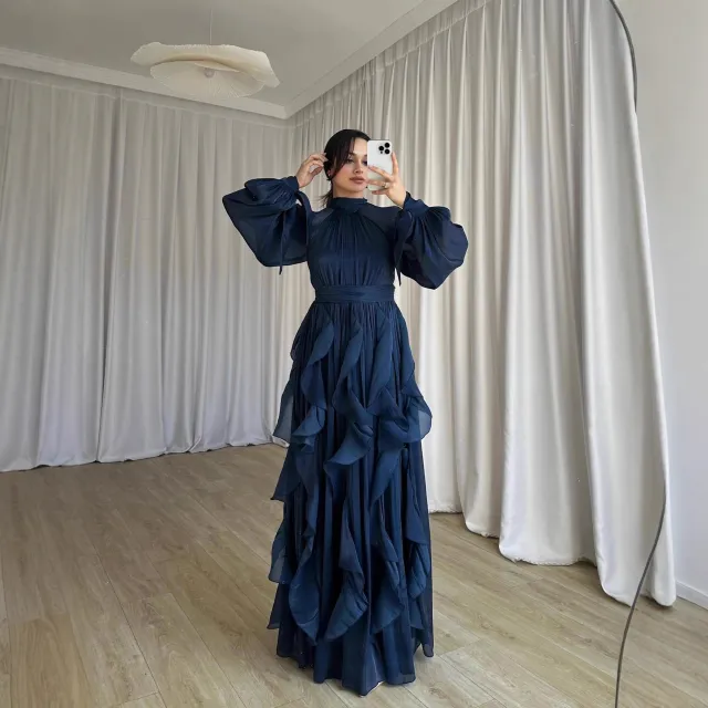 New Long sleeved, Cinched waist Vintage Maxi Dress With Ruffled Hem Navy - Shop at LoveMi