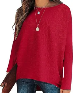 High And Low Batwing Sleeve Knitted Loose Pullover Waist Top - Red - View 1
