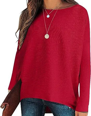 High And Low Batwing Sleeve Knitted Loose Pullover Waist Top Red - Shop at LoveMi