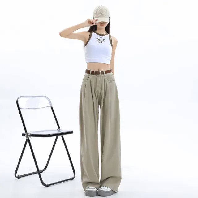 Korean Style Wide leg Jeans High Waist Loose Pleated Straight Mop Milk Coffee Lengthened - Shop at LoveMi