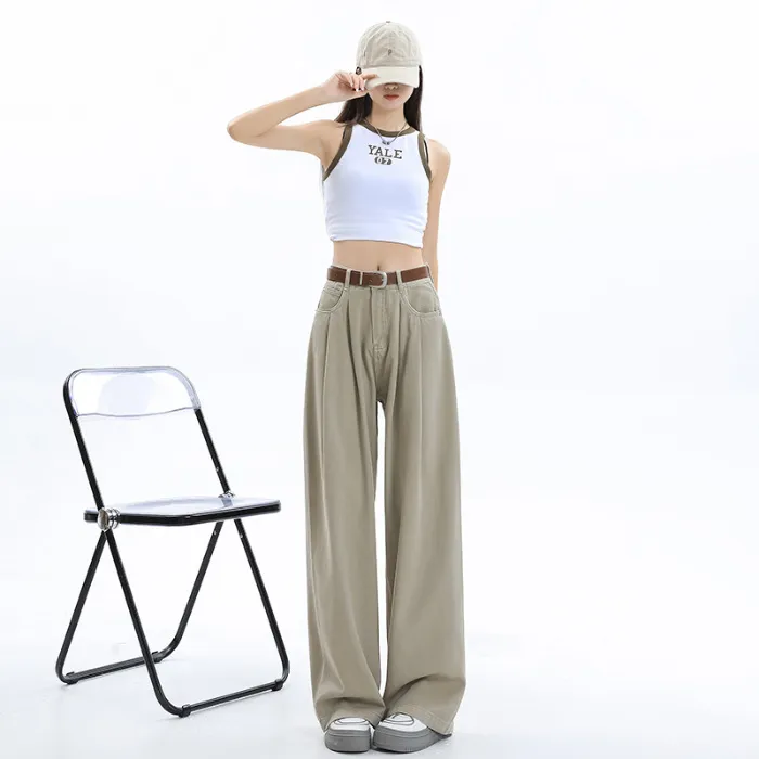 Korean Style Wide-leg Jeans High Waist Loose Pleated Straight Mop - Milk Coffee Lengthened