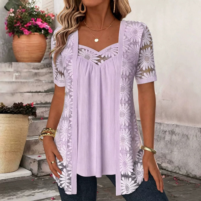 Womens Fashionable Floral-pattern Lace Mesh Hollow-out Trim Faux Two-piece Top — foto 4