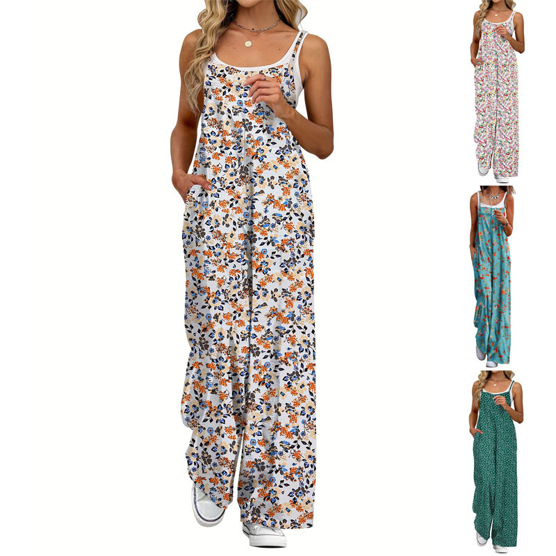 Adjustable-Strap Printed Casual Suspender Floral Jumpsuit
