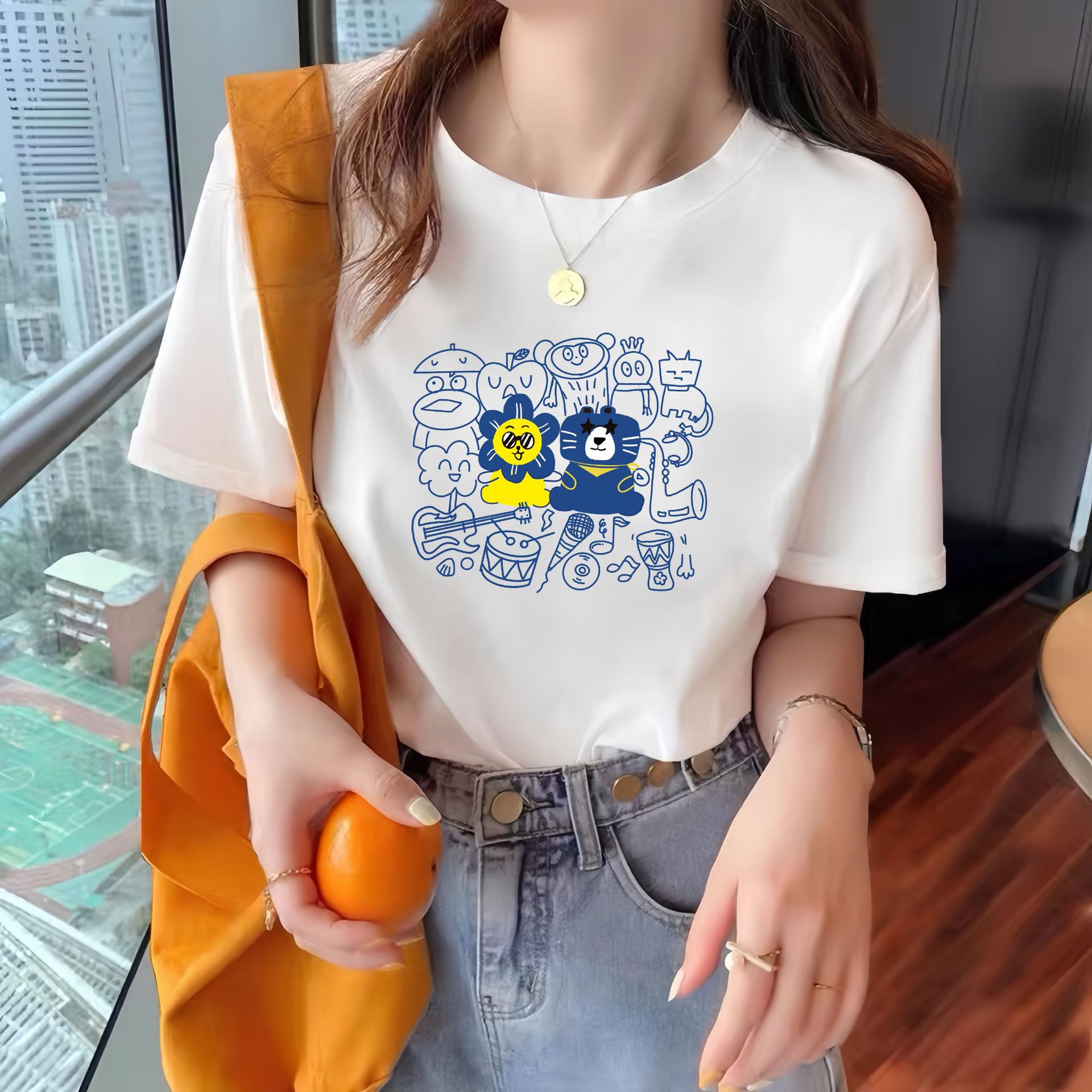Round Neck Western Style Printed Versatile Harajuku Style Top Cotton Music Party - Shop at LoveMi