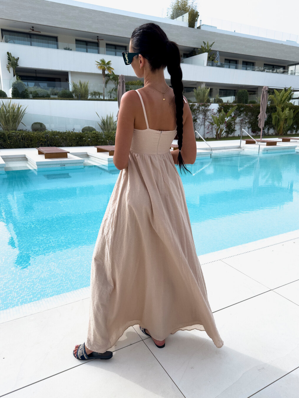 solid color jacquard deep v sling dress back view