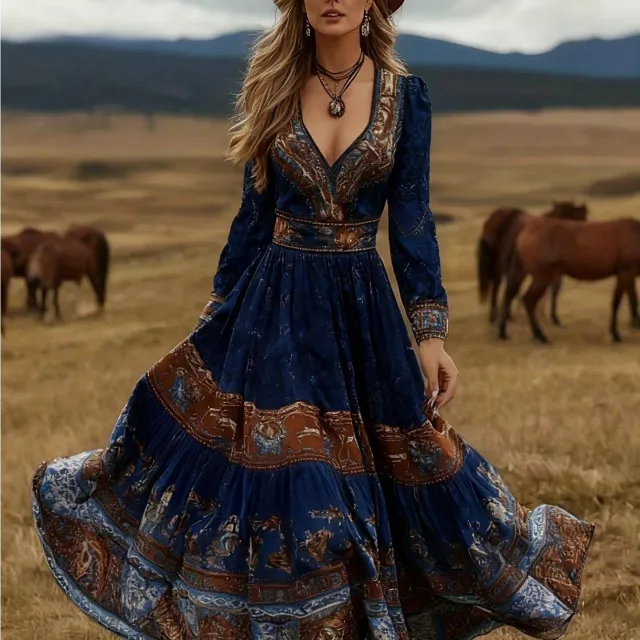 Bohemian style Long sleeve Maxi Dress With A Flowy Silhouette And A Vibrant Print Style 2 Xxl - Shop at LoveMi
