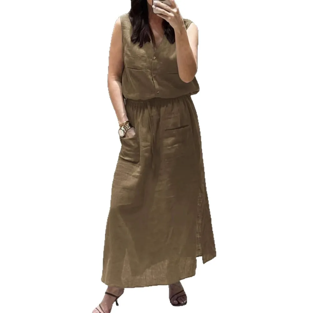New Women's Casual Solid Color Sleeveless Loose Dress Two-piece Suit - Brown