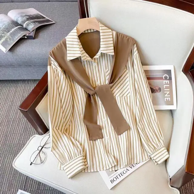 Retro Loose And Stylish Long Sleeves Striped Shirt For Women Khaki - Shop at LoveMi