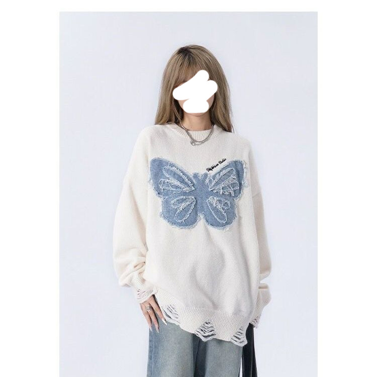 Women's Niche Butterfly American Retro Denim Embroidered Sweater White - Shop at LoveMi