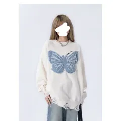 Women's Niche Butterfly American Retro Denim Embroidered Sweater - White - View 1