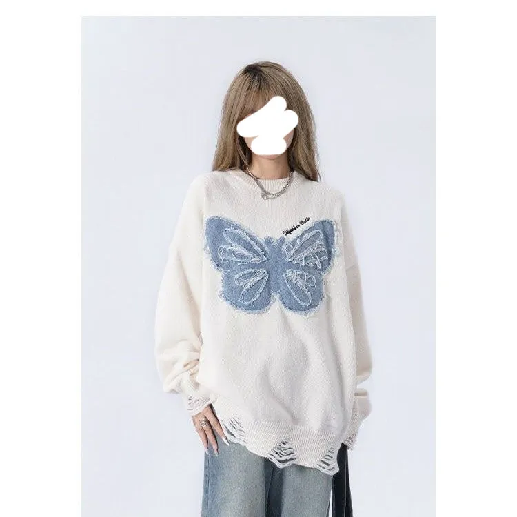 Women's Niche Butterfly American Retro Denim Embroidered Sweater - White