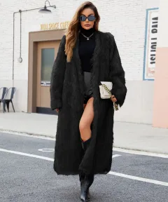 Fashionable V-neck Long Coat For Women - Black - View 1