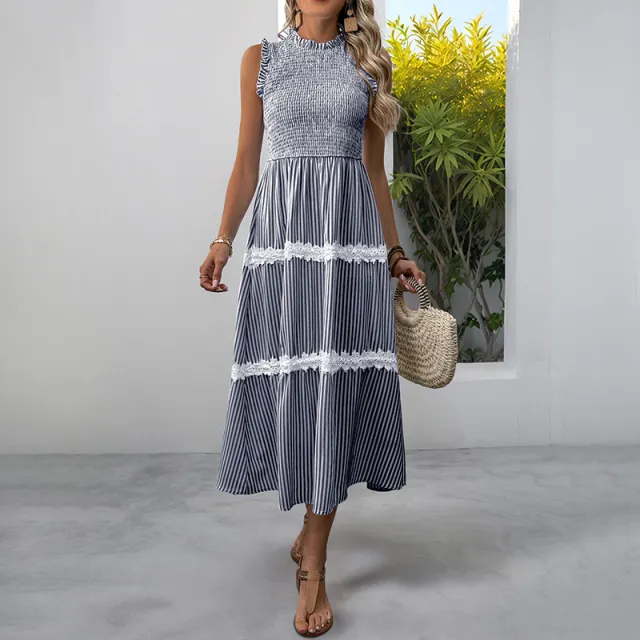 Casual Womens Lace Ruffle neckline Sleeveless Striped Dress Blue - Shop at LoveMi