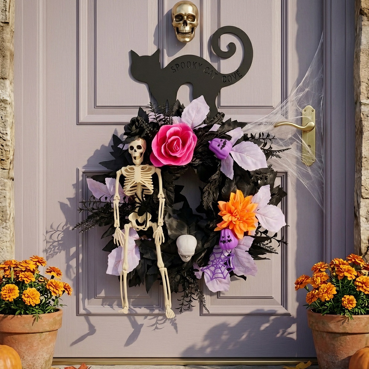 Halloween Skull Wreath Decoration - Spooky Gothic Door Hanger for Home Party Decor