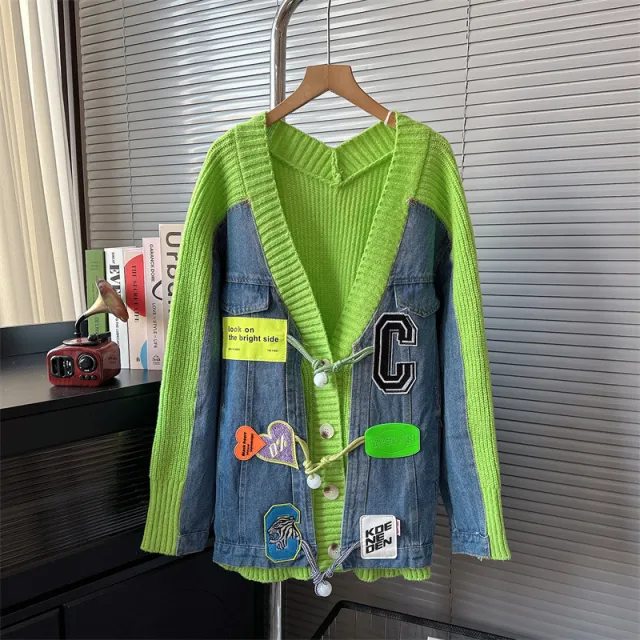 Denim Stitching Sweater Cardigan For Women Loose Knitted Coat Green - Shop at LoveMi